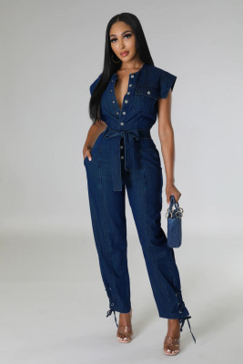 Women's Solid Denim Pocket Belt Lace-Up Casual Jumpsuit