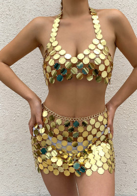 Sexy Low Back Beach Shiny Sexy Sequin Top + Skirt Set