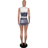 Sexy Ladies Spring Summer Fashion Print Sleeveless Two Piece Skirt Set
