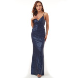 Women's Sequined Evening Dress Formal Party Luxury Chic Dress Deep V-Neck Long Slim Strap Mermaid Dress Plus Size