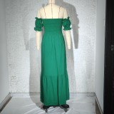 Women's Spring Summer Off Shoulder Print Pleated Swing Dress Short Sleeve Maxi Dress
