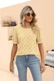 Summer Women's Solid Color T-Shirt Hollow Jacquard Round Neck Short Sleeve Top