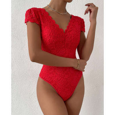 Summer Solid Color Lace See-Through Deep V Low Back Bodysuit