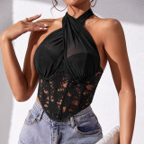 Lacemesh Cross Halter Neck Top Diamond Herringbone Vest