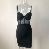 Sexy Patchwork Straps See-Through Underwire Herringbone Bodycon Dress