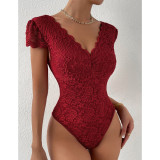 Summer Solid Color Lace See-Through Deep V Low Back Bodysuit
