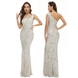 Elegant One Shoulder Party Evening Gown Sexy Long Slim Fit Bridal Chic Dress
