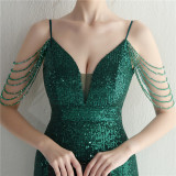Women Straps Beaded Sequined Strap Sexy Evening Dress