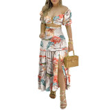 Women Off Shoulder Summer Print Slit Two Piece Set