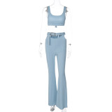 Summer Women Solid Sleeveless Top and Bell Bottom Pants Two Piece Set