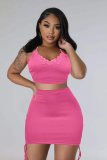 Women Ribbed V Neck Crop Top and Drawstring Mini Skirt Two Piece Set