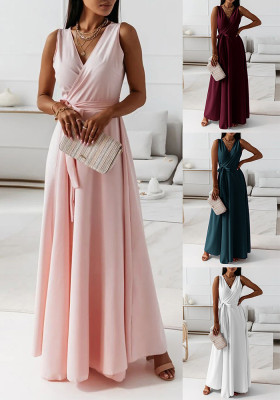 Women Summer Solid V-Neck Sleeveless Long Dress