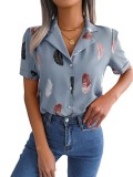 Women Summer Turndown Collar Feather Loose Short Sleeve Shirt
