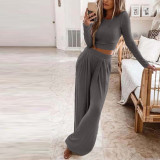 Women Solid Casual Long Sleeve Top and Pant Two Piece Set