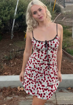 Women Summer American Cherry Print Off Shoulder Strap Dress