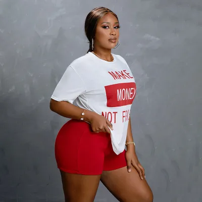 Plus Size Women Summer Letter Print Stretch Short Sleeve Top and Shorts Two-Piece Set