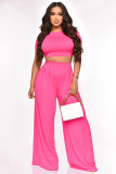 Women Casual Solid Crop Top and High Waisted Baggy Pants Two-Piece Set