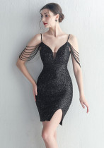 Women Straps Beaded Sequined Strap Sexy Evening Dress