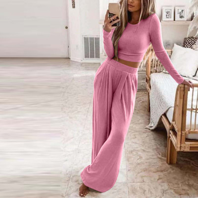 Women Solid Casual Long Sleeve Top and Pant Two Piece Set