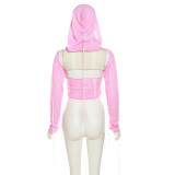 Summer Women Sexy Hollow Knitting Hooded Top and Bodycon Skirt Two Piece Set