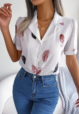 Women Summer Turndown Collar Feather Loose Short Sleeve Shirt