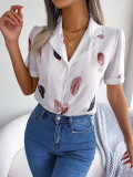 Women Summer Turndown Collar Feather Loose Short Sleeve Shirt