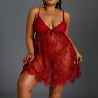 Plus Size Women See-Through Camisole Nightdress Sexy Lingerie Set