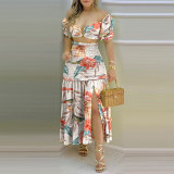 Women Off Shoulder Summer Print Slit Two Piece Set