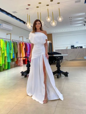 Solid Sexy Slash Shoulder Off-Shoulder Slim Waist Slit Gown Dress