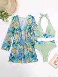 Sexy Blouse Mesh Bikini Three-Piece Bikini Push Up Printed Swimsuit