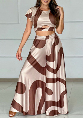 Summer Fashion Casual Set Print Round Neck Short Sleeve Cropped Top High Waist Wide Leg Pants Two-Piece Set