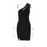 Women's Summer Style Pin Slash Shoulder Sleeveless Sexy Tight Fitting Slit Dress