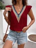 Summer v-neck lace Patchwork Ruffle Sleeve simple solid color shirt