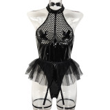 Sexy pu patent leather Halter Neck underwear mesh tutu teddy lingerie