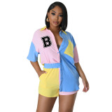 Women's Summer Color Block Patchwork Shirt Pocket Shorts Set