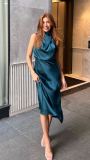 Summer Chic Women's Sleeveless Halter Neck Solid Satin Dress