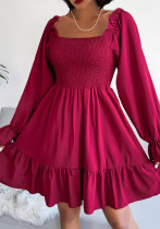 Spring Summer Square Neck Bell Bottom Long Sleeve Ruffled Swing Dress