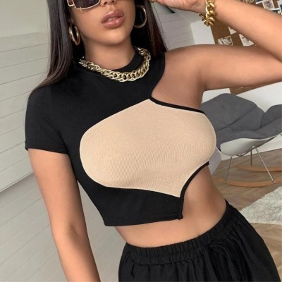 Contrast Color One Shoulder Sexy Short Sleeve Top Women Summer Ribbed Slim Fit Crop T-Shirt