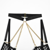 Large Mesh Hollow Patchwork Cross Chest Sticker Metal Chain Sexy Lingerie Three-Piece
