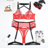 Patchwork Heart Print Embroidered Sexy Lingerie Sexy See-Through Bra Three-Piece