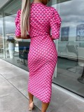 Summer Puff Sleeve V-Neck Short Sleeve High Waist Bodycon Print Slim Midi Dress