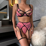 Women's Sexy Lingerie Three-Piece Contrasting Color Patchwork Elastic Mesh Comfortable Tight Fitting Sexy Lingerie