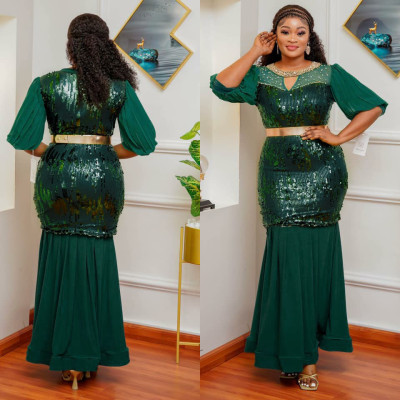 Africa Plus Size Women's Round Neck Beaded Sequined Formal Party Evening Dress