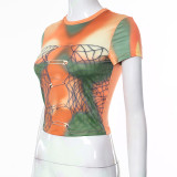 Women's Summer Street Print Tight Fitting Round Neck Short Sleeve Cropped T-Shirt