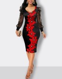 Fall Print Dress Women's Mesh Sleeves Pencil Midi Bodycon Dress