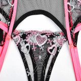 Patchwork Heart Print Embroidered Sexy Lingerie Sexy See-Through Bra Three-Piece