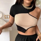 Contrast Color One Shoulder Sexy Short Sleeve Top Women Summer Ribbed Slim Fit Crop T-Shirt