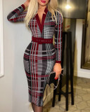 Autumn and winter fashion Plaid Print V-neck Bodycon long-sleeved sexy dress