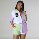 Women's Summer Color Block Patchwork Shirt Pocket Shorts Set