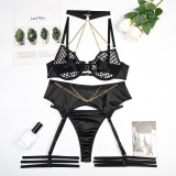 Large Mesh Hollow Patchwork Cross Chest Sticker Metal Chain Sexy Lingerie Three-Piece